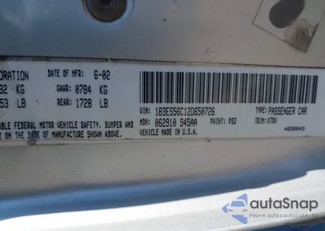 2002 Dodge Neon Sxt from USA, damaged, VIN 1B3ES56C12D650726